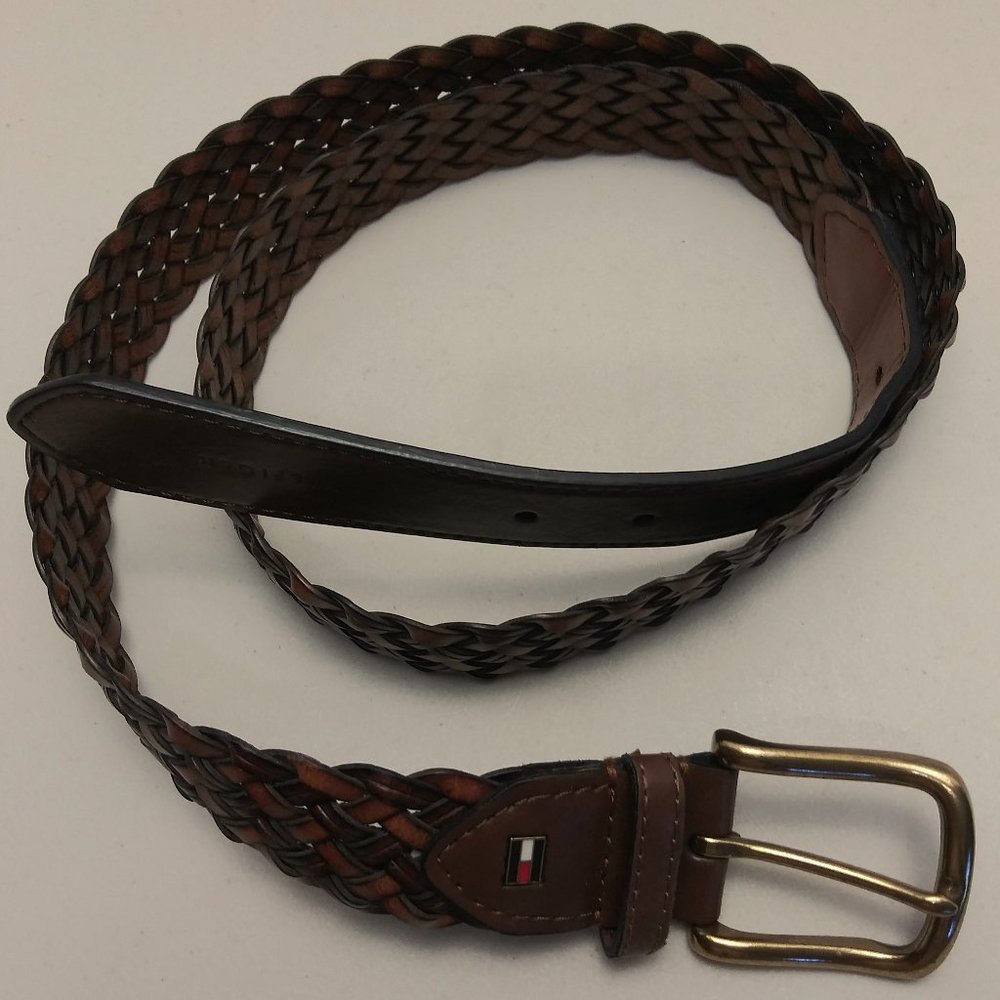 Tommy Hilfiger Belt Braided Brown Bonded Leather Men's Size 40/100 Metal Buckle